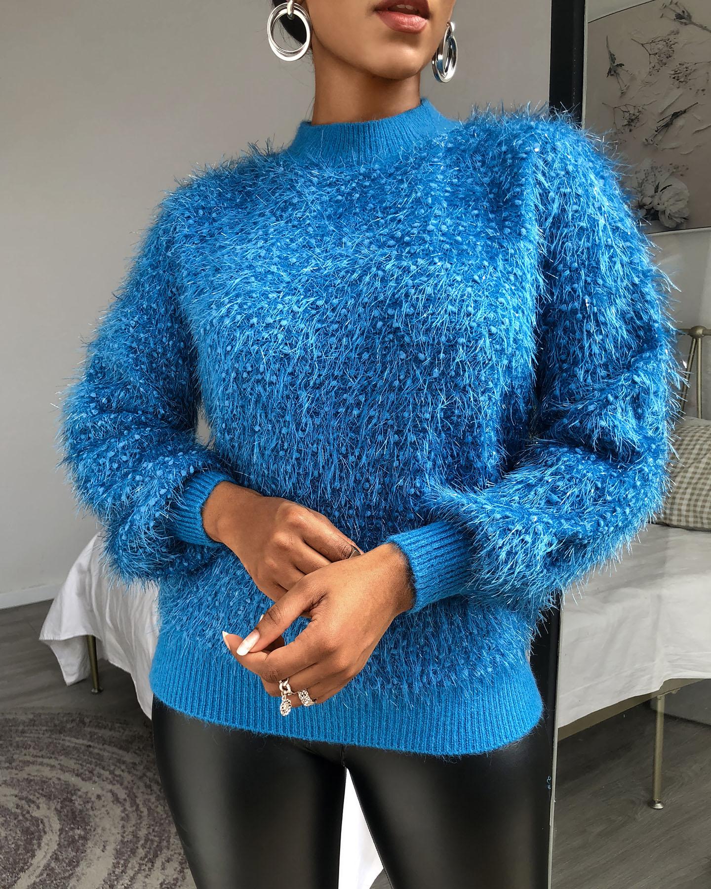 

Plain Fluffy Lantern Sleeve Sweater, Blue