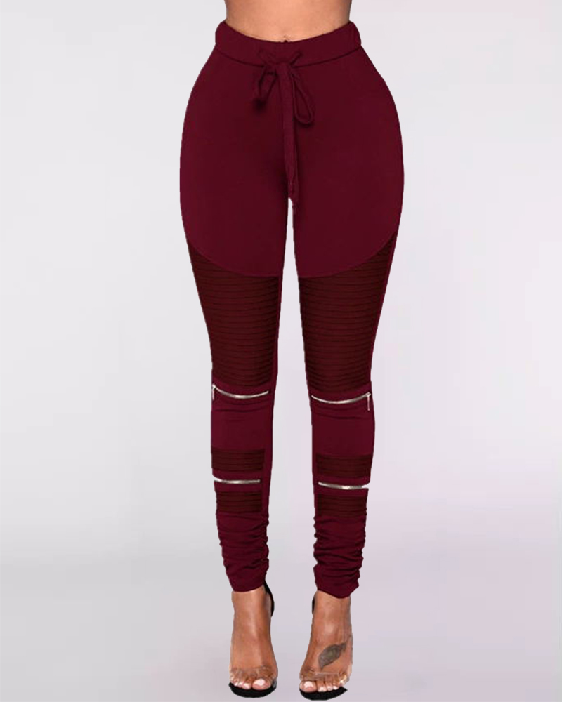

Plus Size Drawstring Zipper Design Skinny Fold Pants, Red