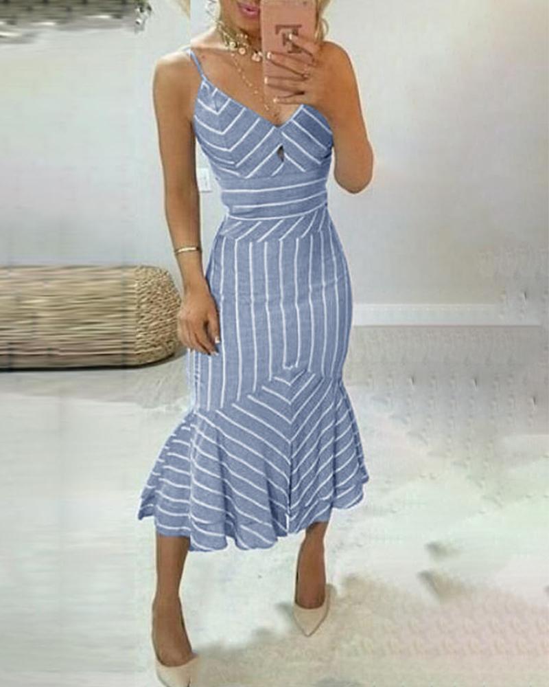 

Striped Spaghetti Strap Ruffles Hem Dress, Blue