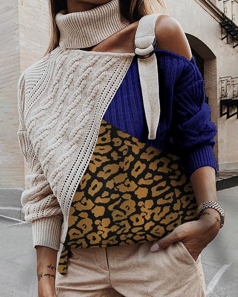 

High Neck Colorblock Leopard Cut Out Knitting Sweater, Blue
