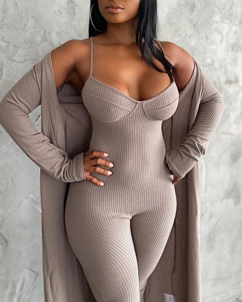 

Spaghetti Strap Plain Skinny Jumpsuit, Coffee