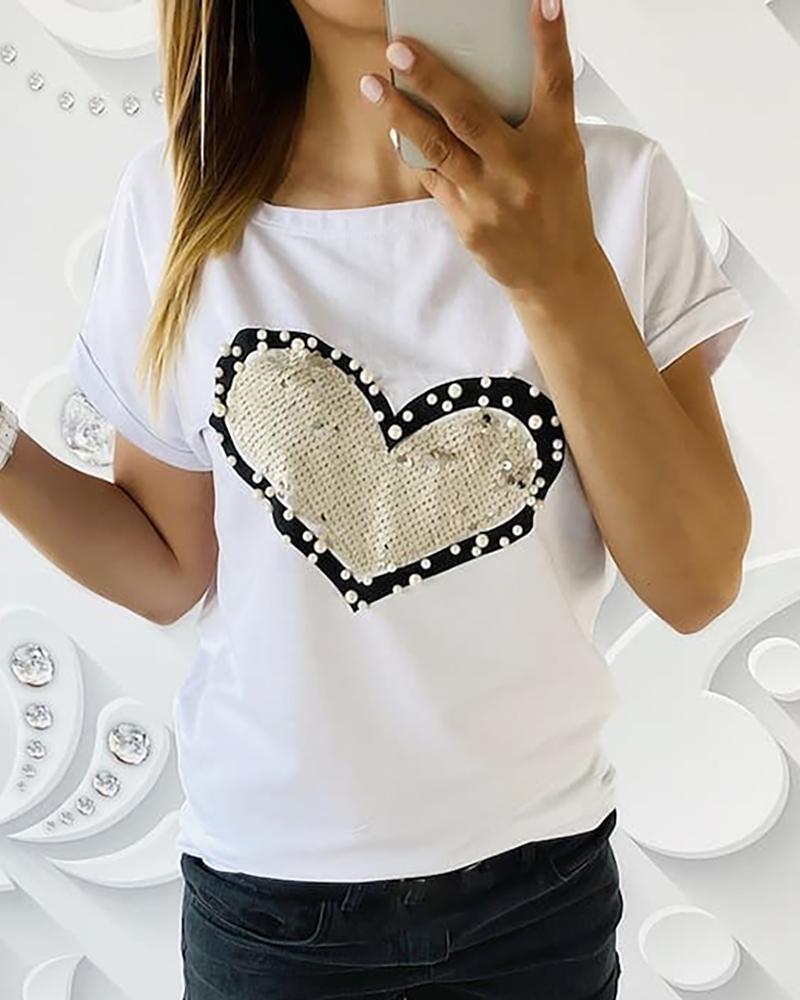 

Beaded Heart Pattern Casual T-shirt, White
