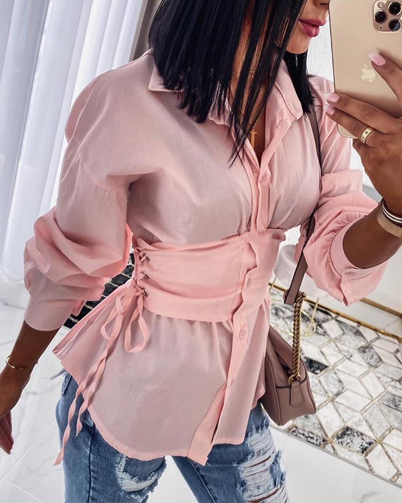 

Drawstring Button Detail Blouse, Pink