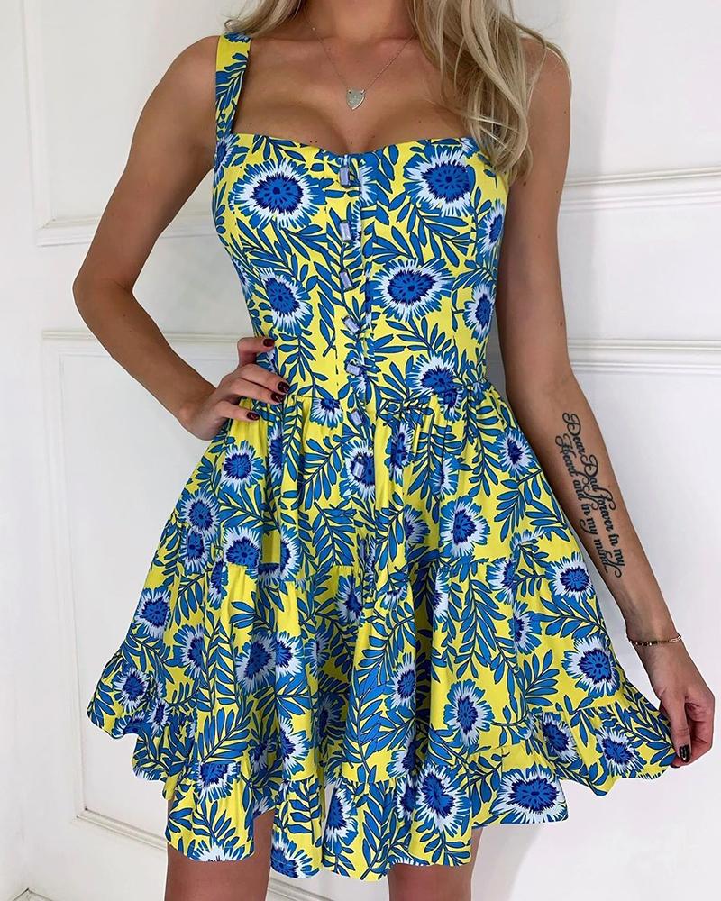 

All Over Floral Print Ruffles Casual Dress, Yellow