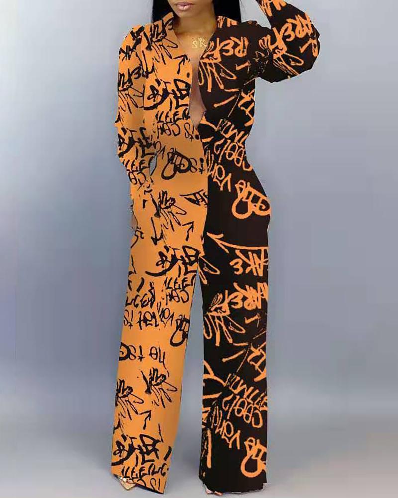 

Colorblock Insert Graffiti Print Wide Leg Jumpsuit, Orange