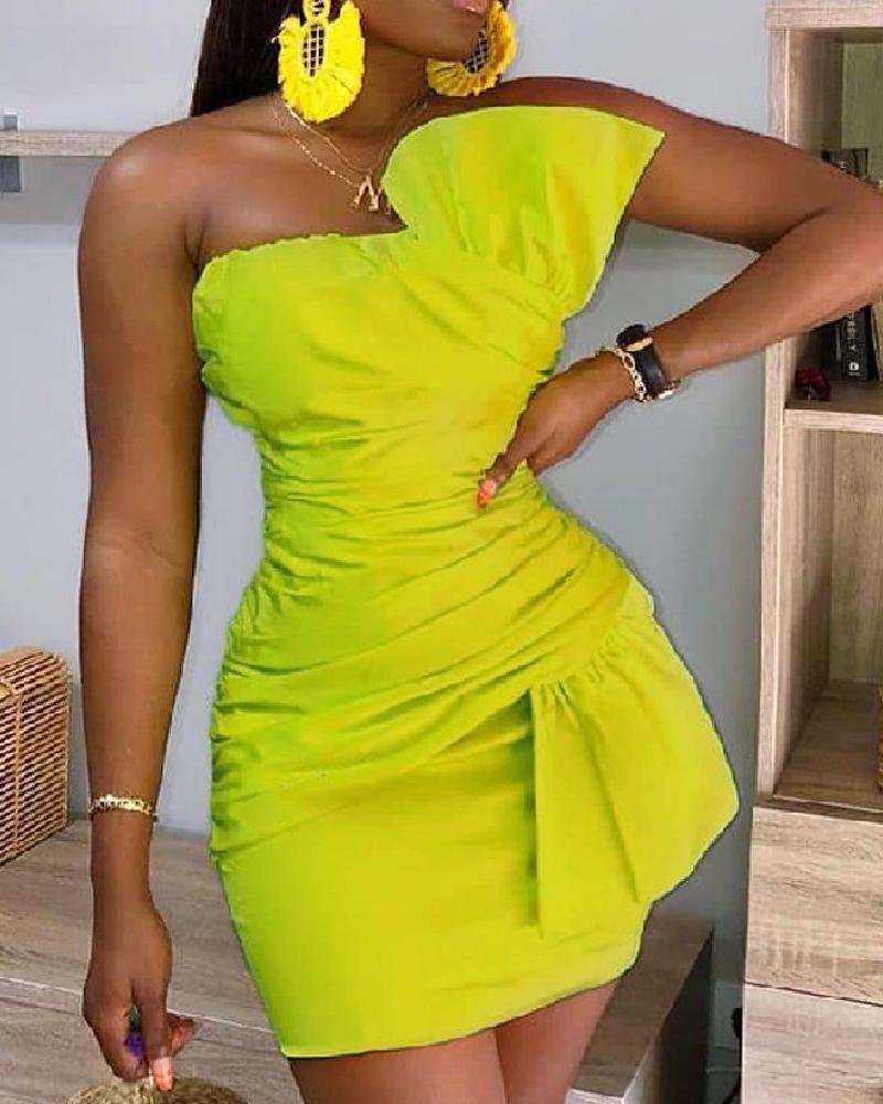

Off Shoulder Fold Pleat Party Dress, Yellow