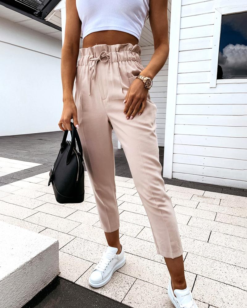 

Solid Paperbag Waist Drawstring Pants, Beige