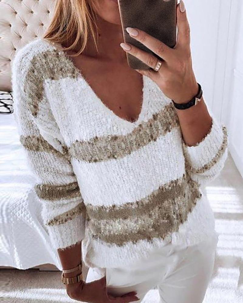 

Striped Colorblock Long Sleeve Sweater, Khaki