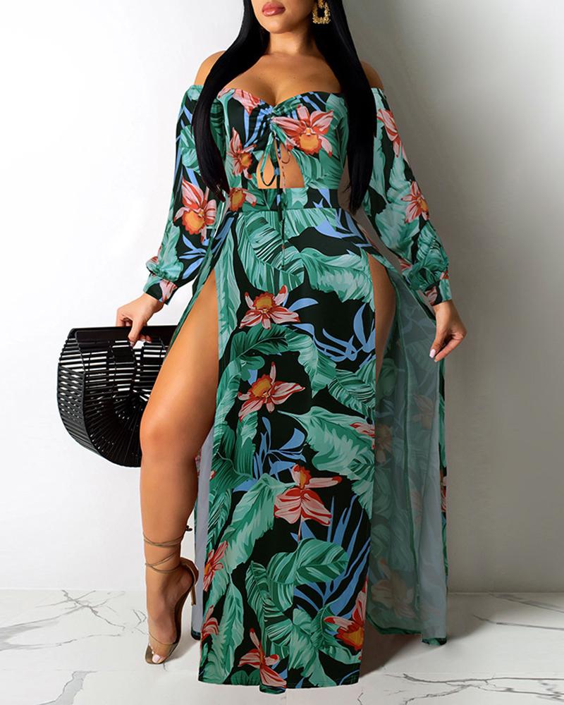 

Off Shoulder Floral Print Thigh Slit Maxi Dress, Green