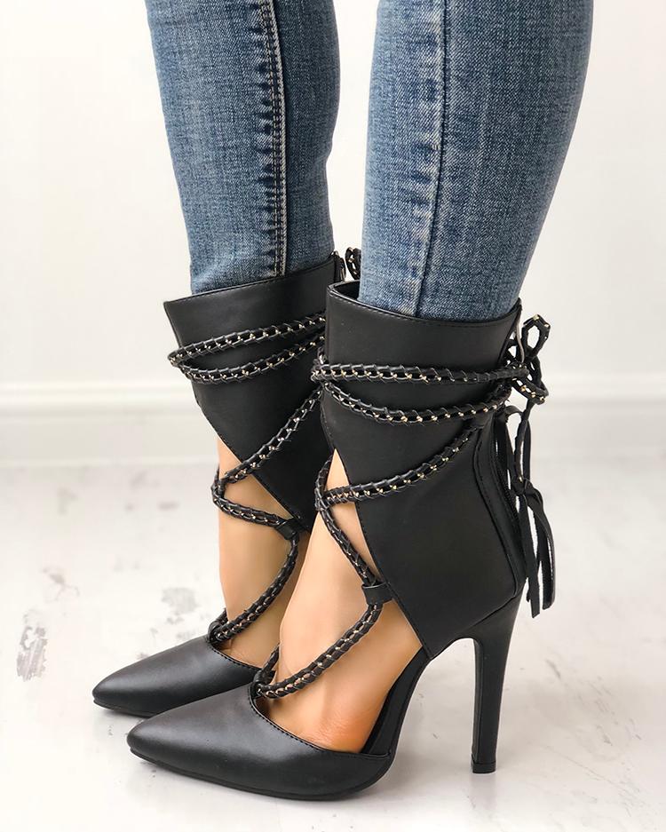 

Point Toe Chains Lace-up Thin High Heels, Black