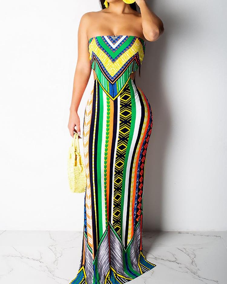 

Mixed Print Cutout Back Tube Maxi Dress, Green