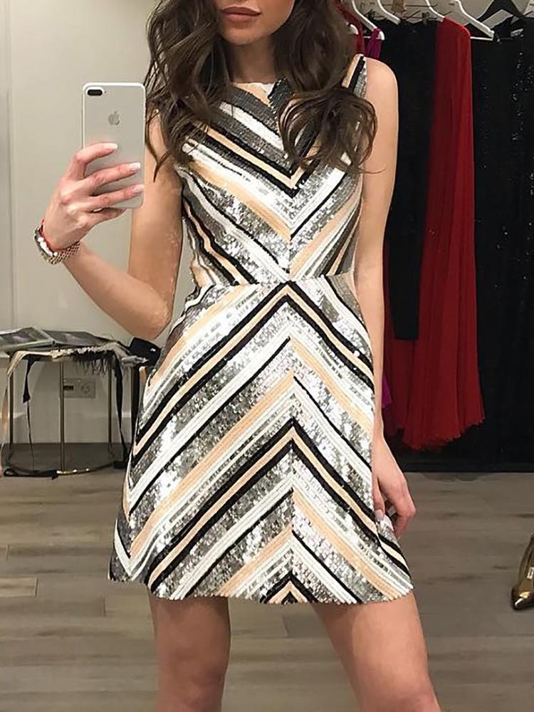 

Chevron Stripes Sleeveless Sequin Dress, Silver