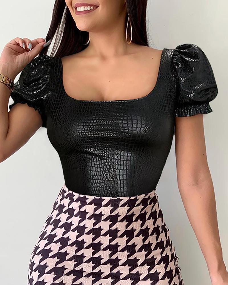 

Square Neck Puffed Sleeve Leather Top, Black