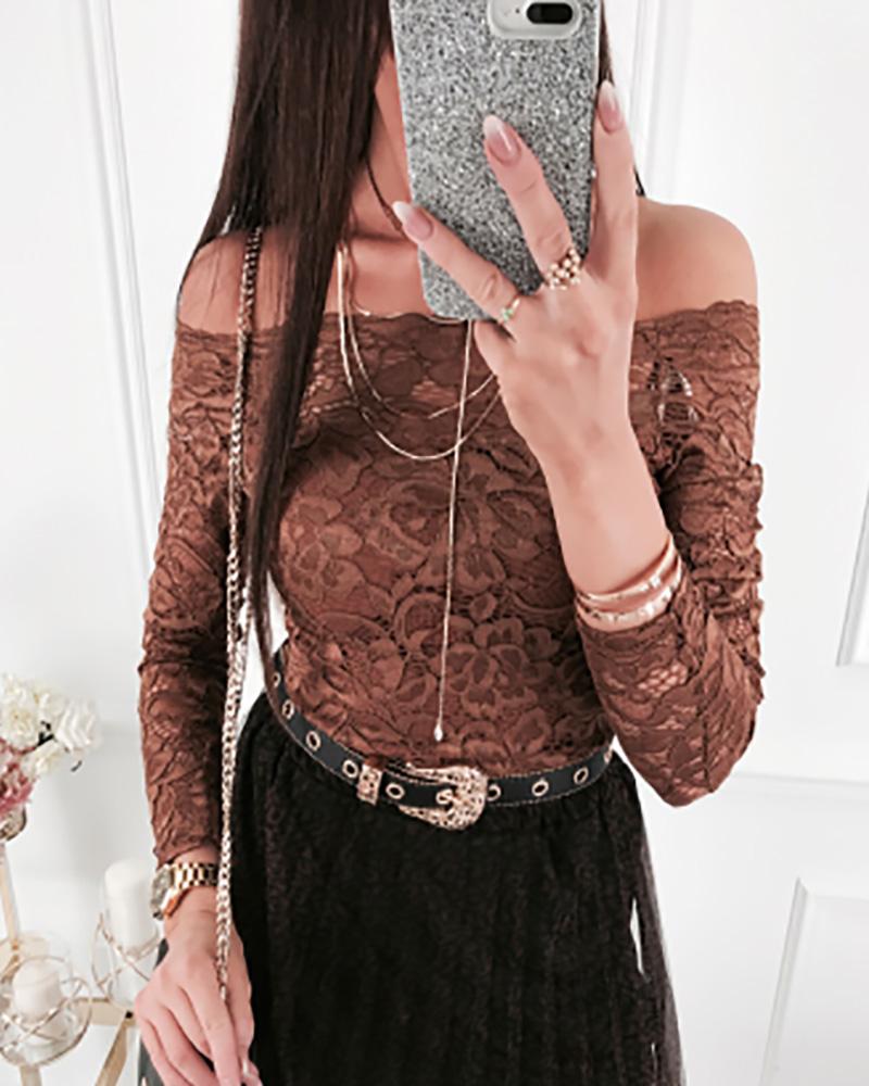 

Off Shoulder Crochet Lace Blouse, Brown