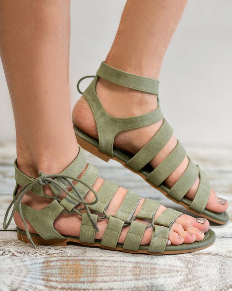 

Solid Multi-strap Strappy Flat Sandals, Army green