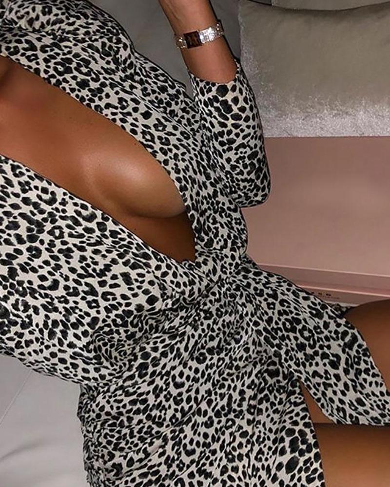 

Deep V Tie Waist Leopard Dress, Black