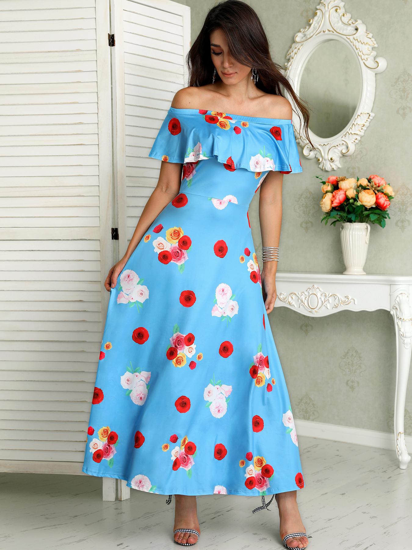 

Floral Off Shoulder Flounce Maxi Dress