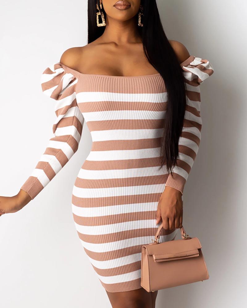 

Striped Puffed Sleeve Sweater Dress, Pink
