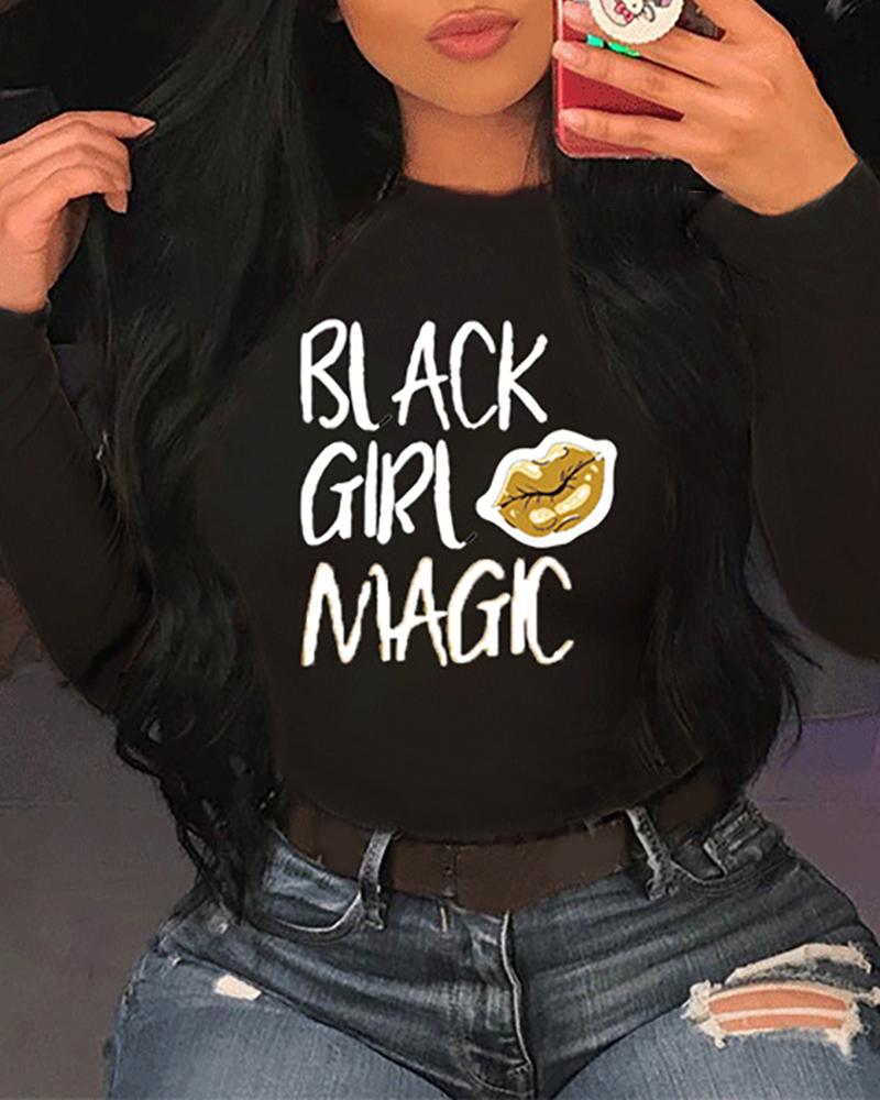 

Lip Letter Print Long Sleeve Casual T-shirt, Black