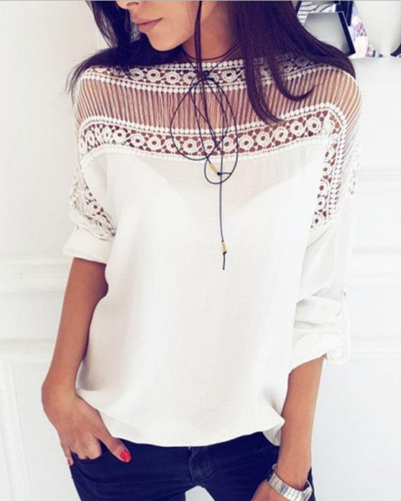 

Casual Short Sleeve Hollow Out Blouse, White