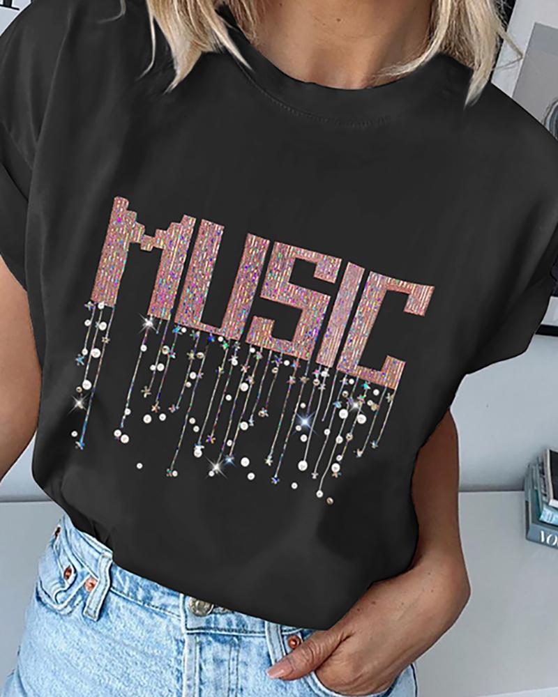 

Sequins Letter Round Neck Casual T-shirt, Black