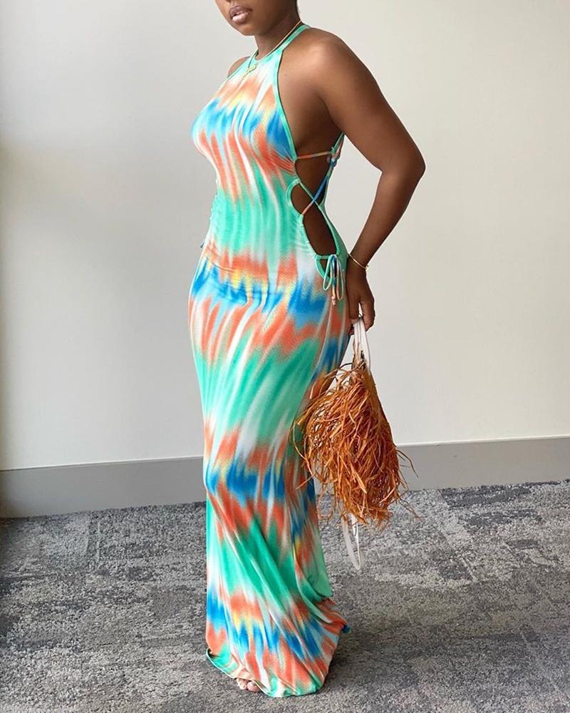 

Halter Bandage Tie Dye Print Dress, Light green