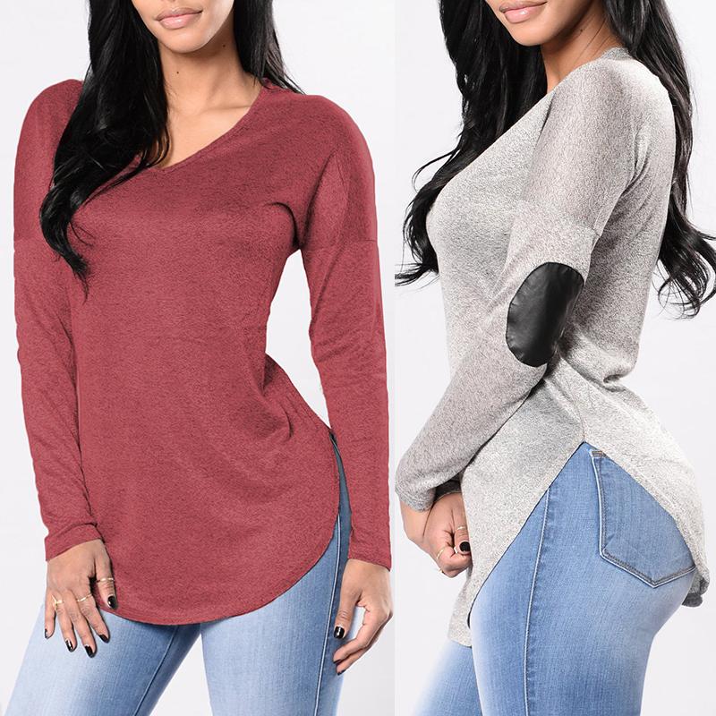 

Trendy Elbow Patches Curved Hem Top, Wine red;gray;black