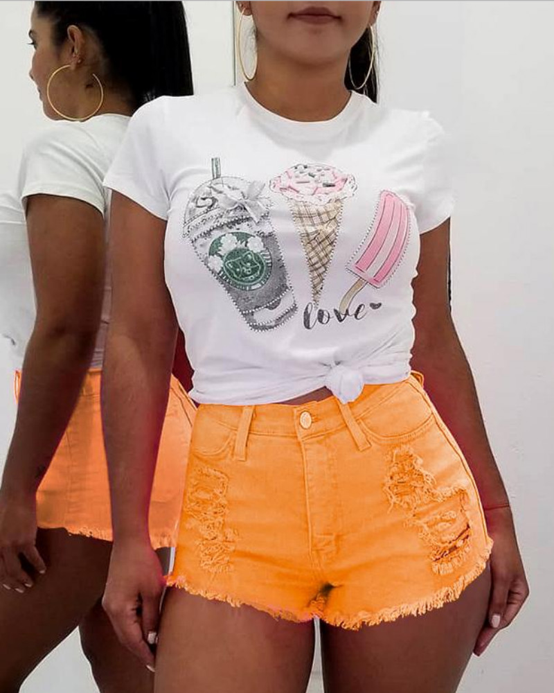 

Shredded High Wasit Frayed Hem Shorts