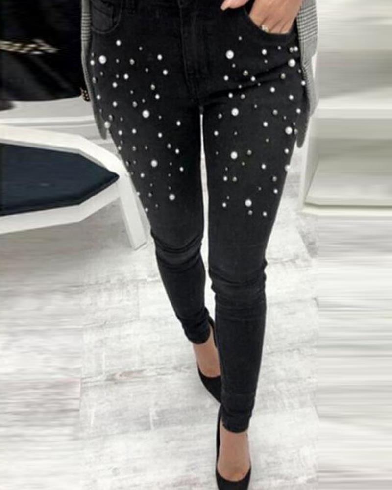 

Studded Straight Jeans, Black