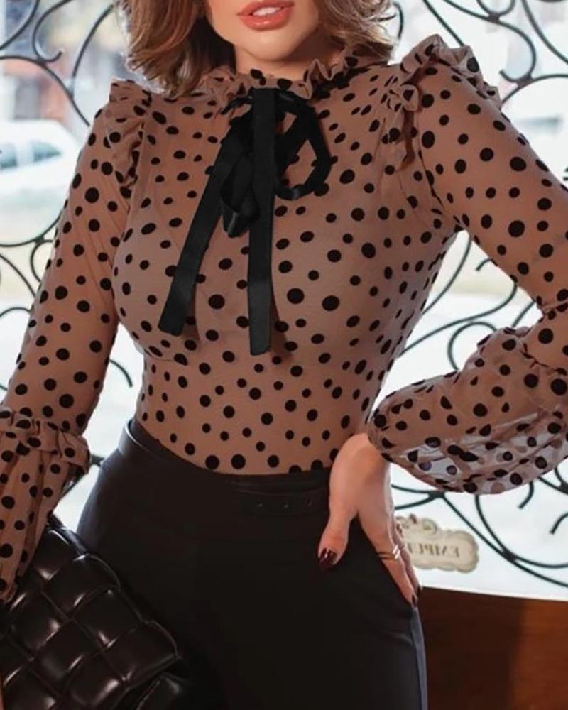 

Polka Dot Ruffle Hem Long Sleeve Top, Coffee