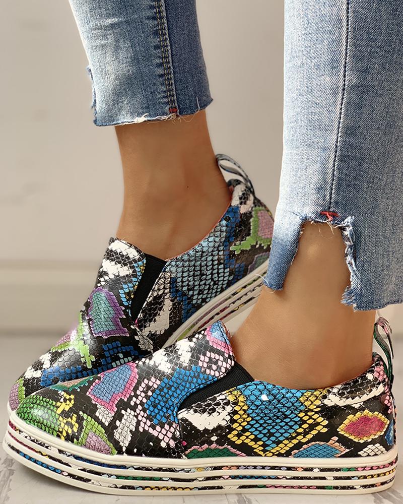 

PU Snakeskin Print Flat Sneakers, Multicolor
