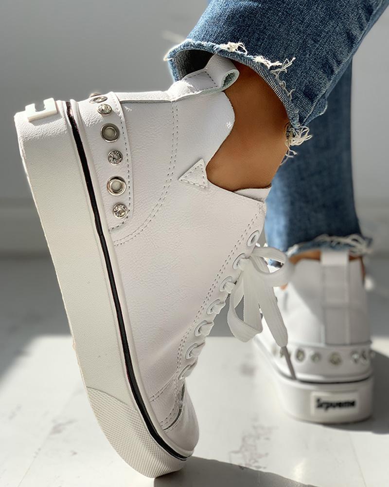 

Eyelet Detail Lace-Up Casual Sneakers, White