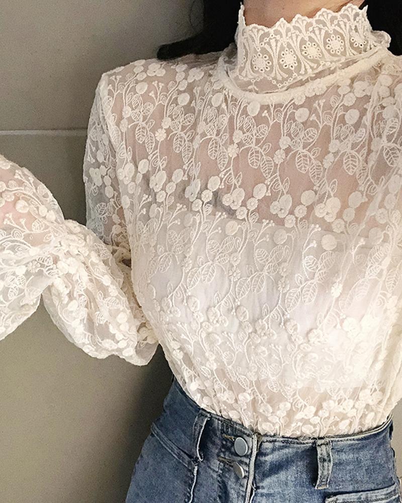 

Perspective Eyelet Lace High Neck Top, Apricot