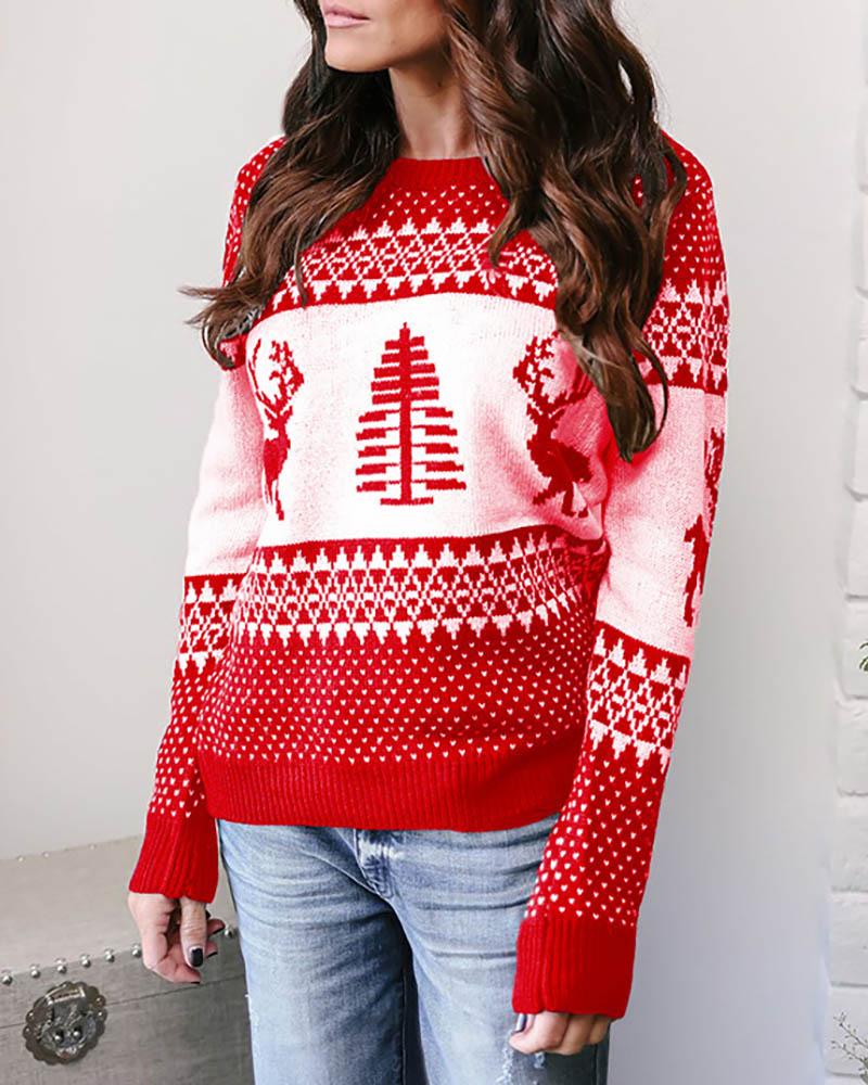 

Christmas Moose Tree Pattern Casual Sweater, Red