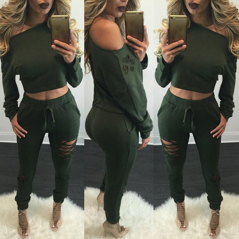 

Slash Neck Ripped Cropped Twinset, Army green