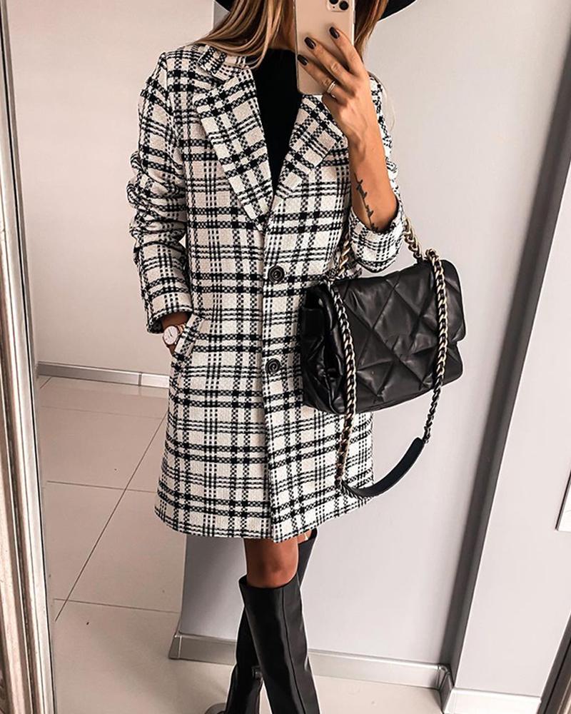 

Plaid Long Sleeve Long Coat, White