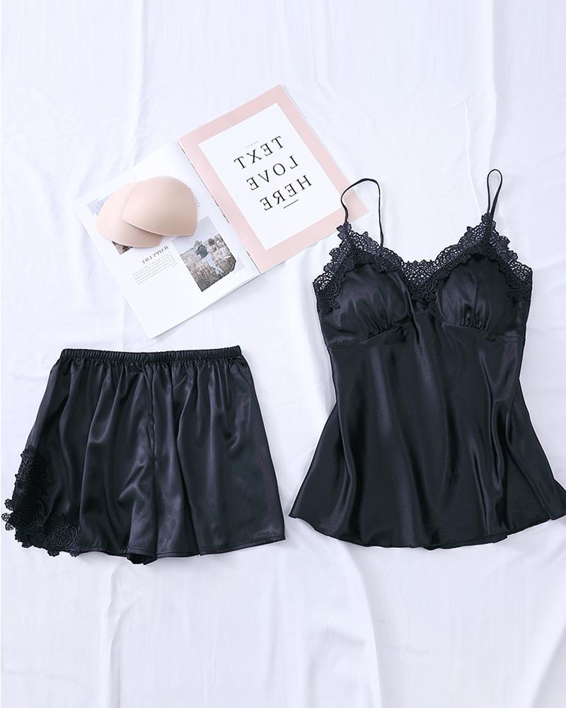 

Satin Lace Trim Cami Set, Black