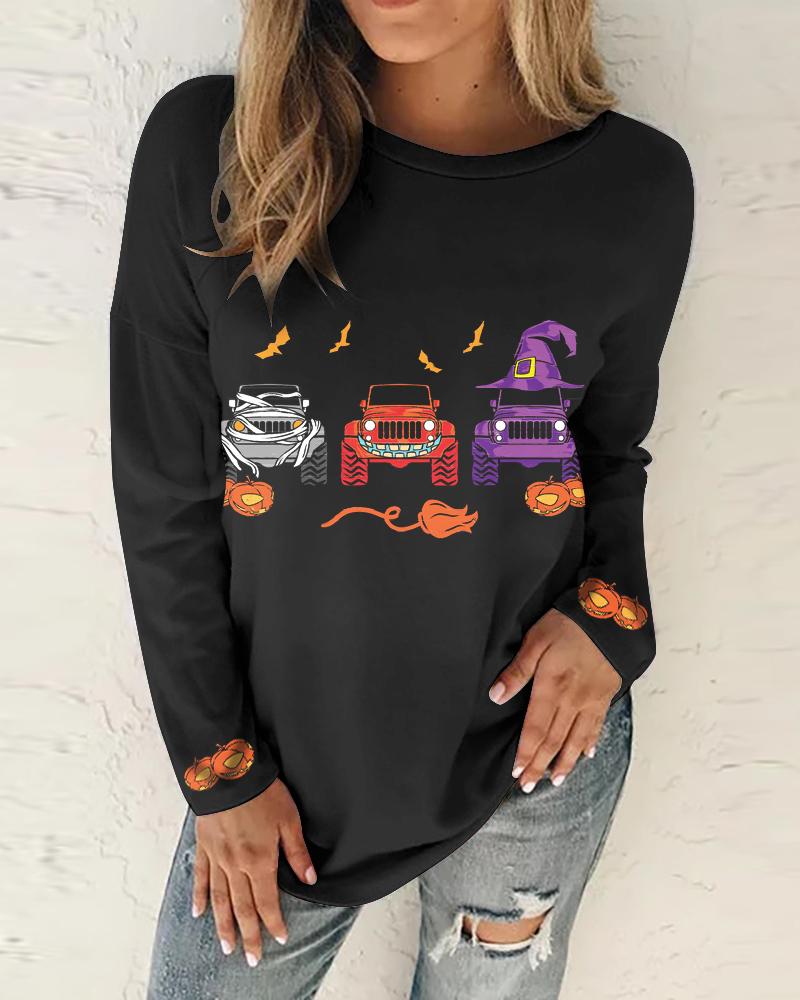 

Halloween Pumpkin Bat Car Print Casual Sweatshirt, Black