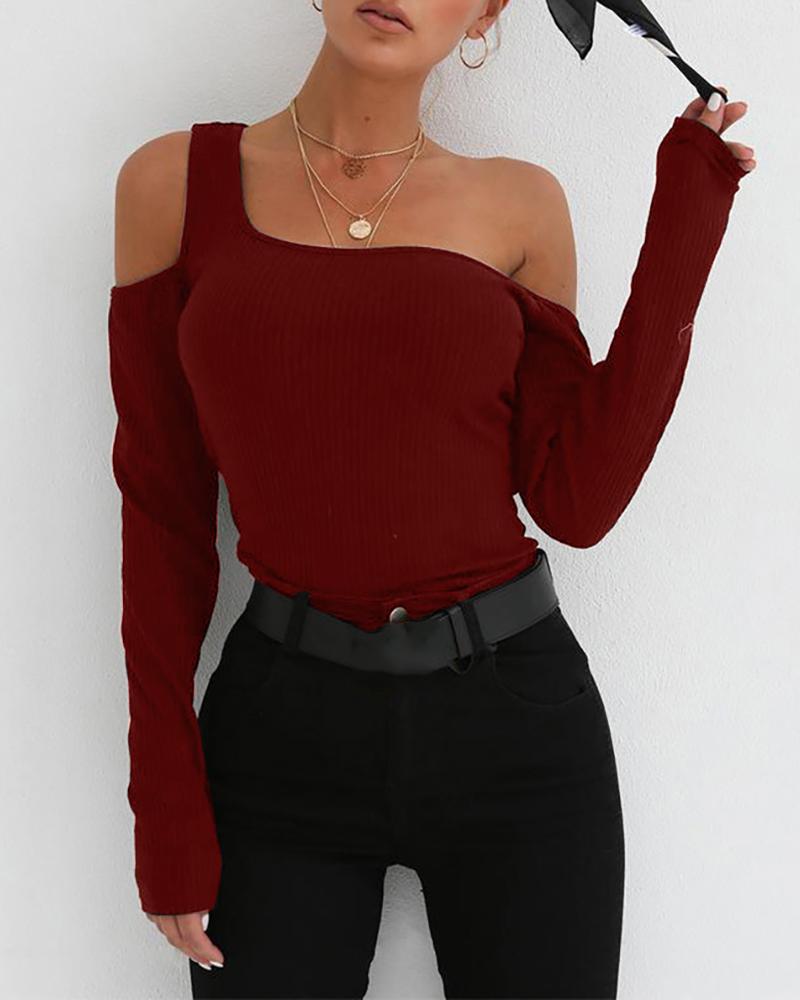 

Solid Ribbed Cold Shoulder Casual Blouse, Red