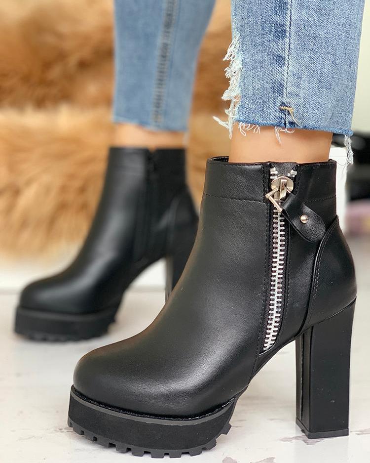 

PU Zipper Platform Chunky Heeled Boot