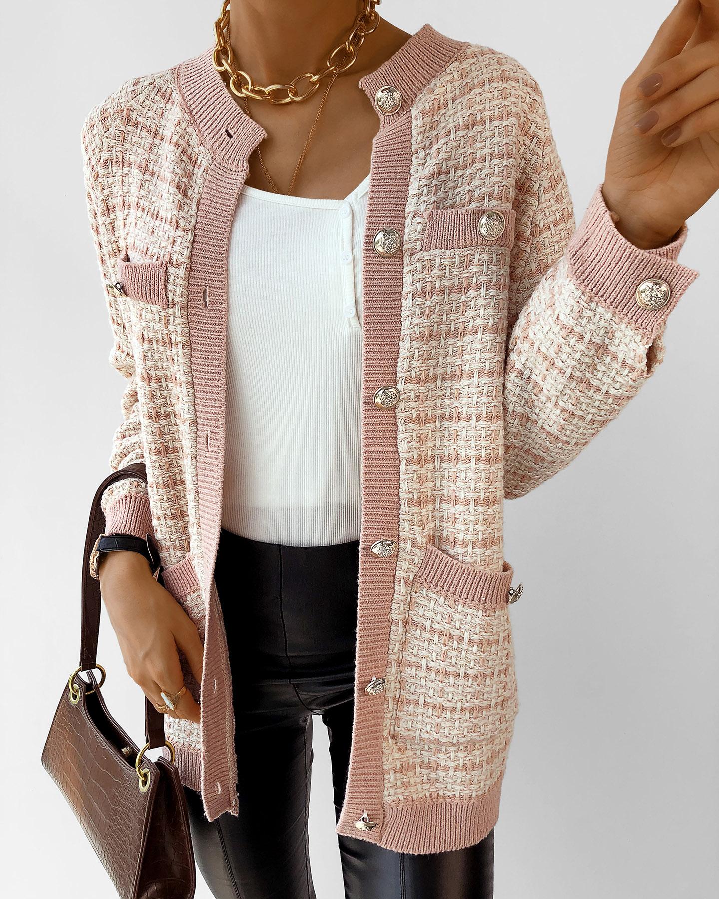 

Tweed Houndstooth Colorblock Buttoned Knit Coat, Pink