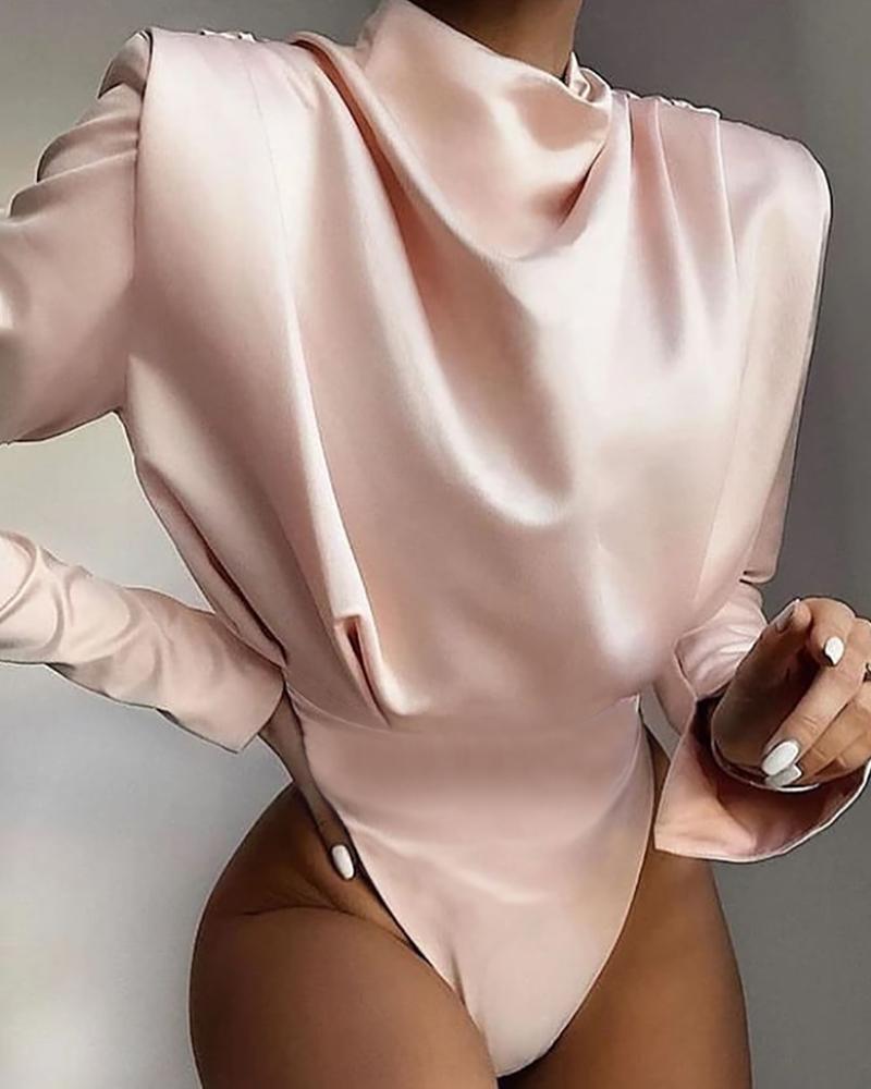 

Solid High Neck Drape Front Bodysuit, Pink