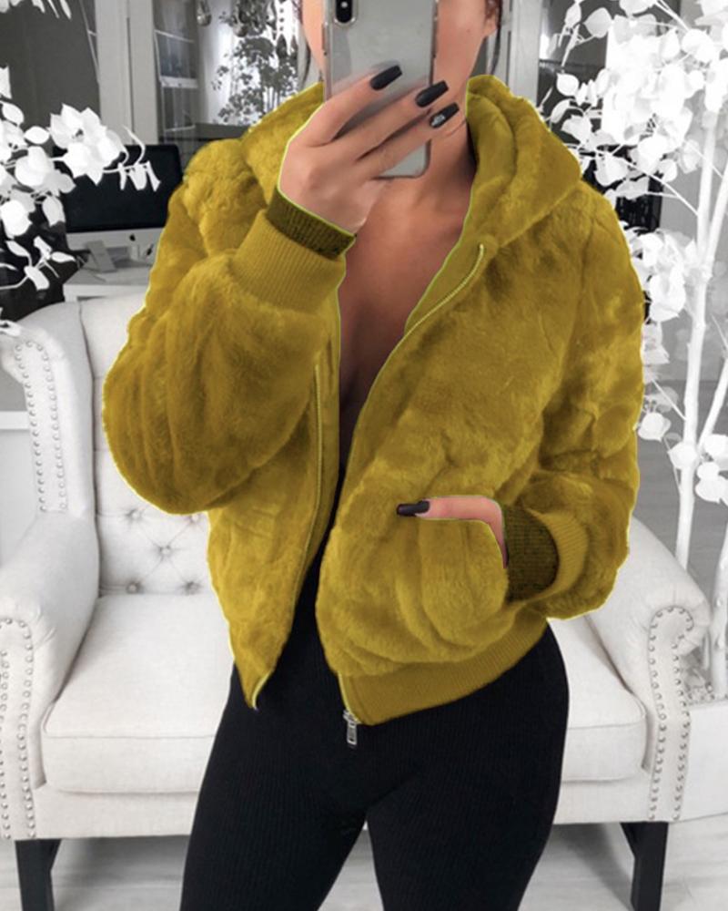 

Plush Rabbit Fur Faux Fur Coat, Yellow