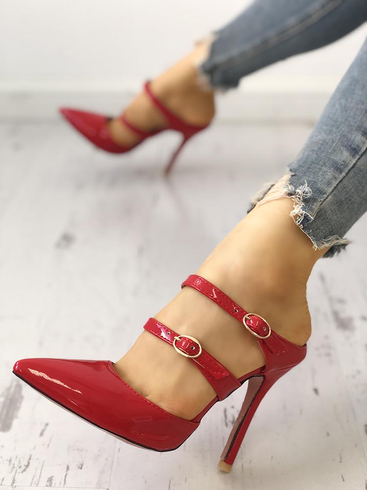 

Solid Buckled Pointed Toe Thin Heeled Sandals, Red