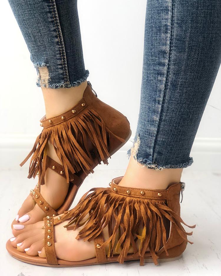 

Rivet Tassel Open Toe Flat Sandals
