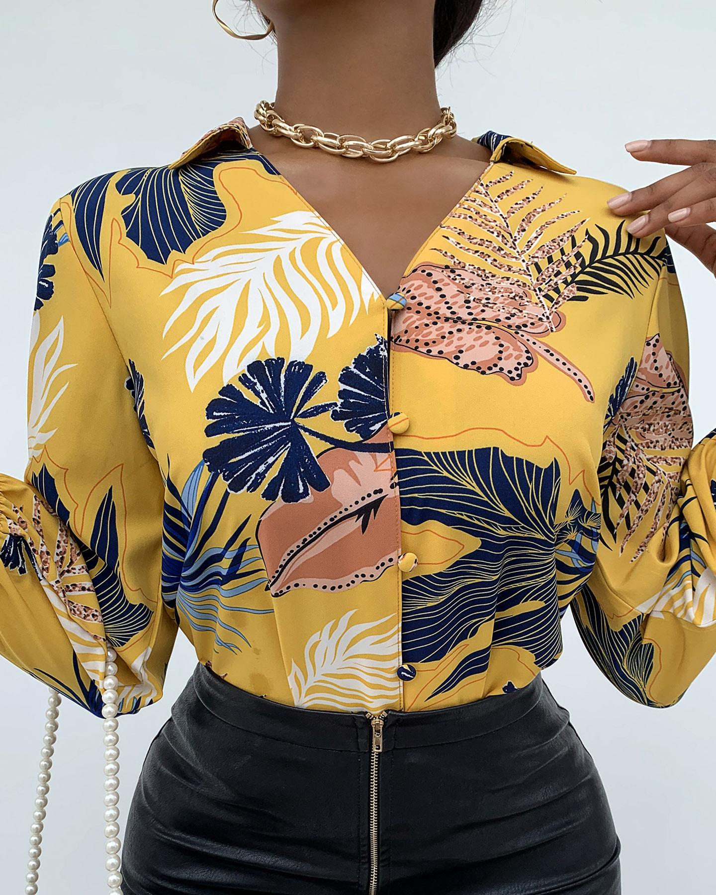 

Tropical Palm Leaf Print Buttoned Shirt, Yellow