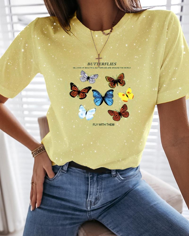 

Butterfly Letter Print Glitter T-Shirt, Yellow