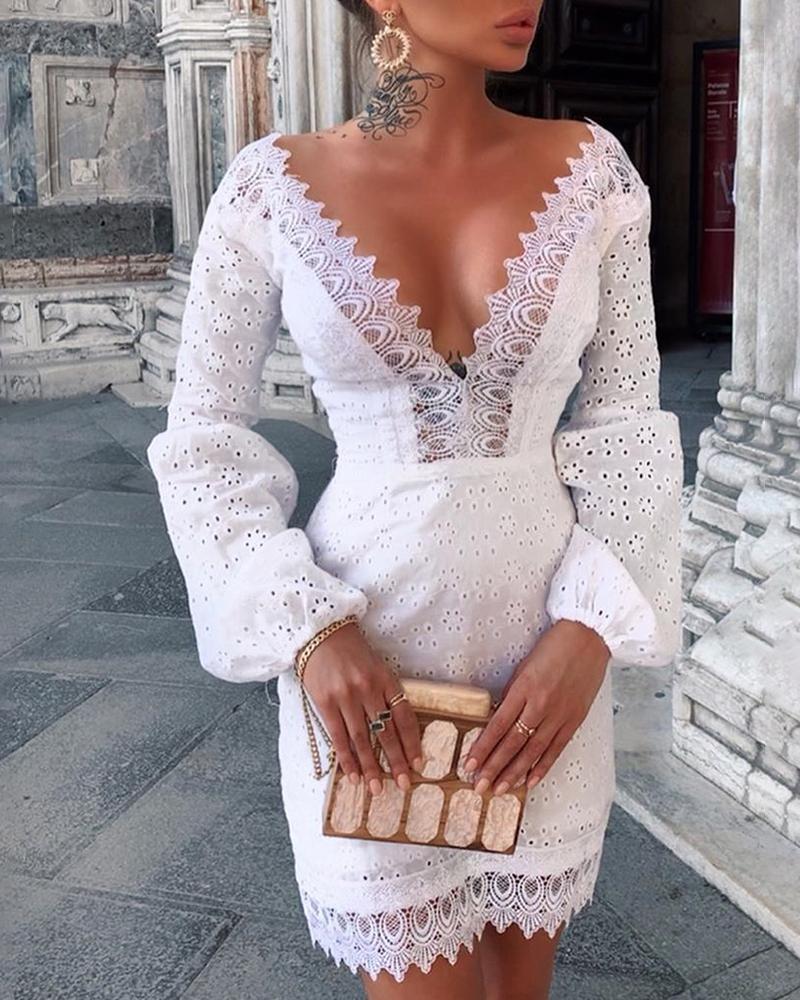 

Crochet Lace Stitching Balloon Sleeve Party Dress