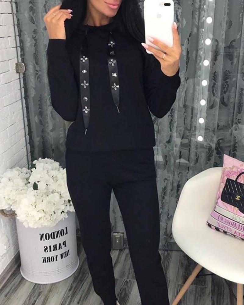 

Solid Embellished Drawstring Tracksuit, Black