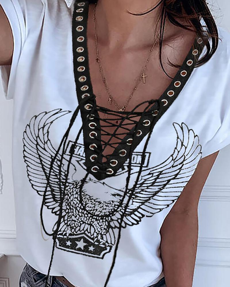

Eyelet Lace-up Print Casual T-shirt, White